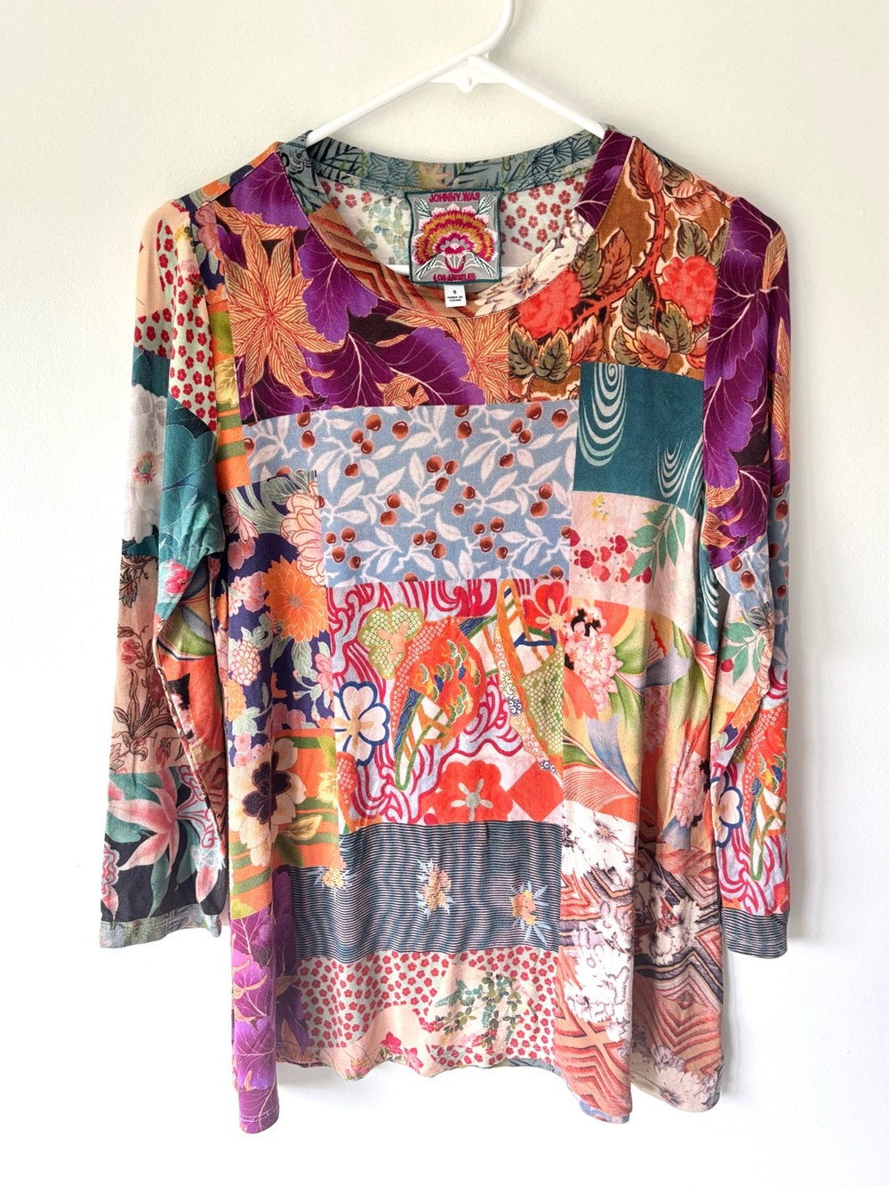 Johnny Was Multicolor Patchwork Floral Top 3/4 Sleeves Bamboo Maximalist Artcore